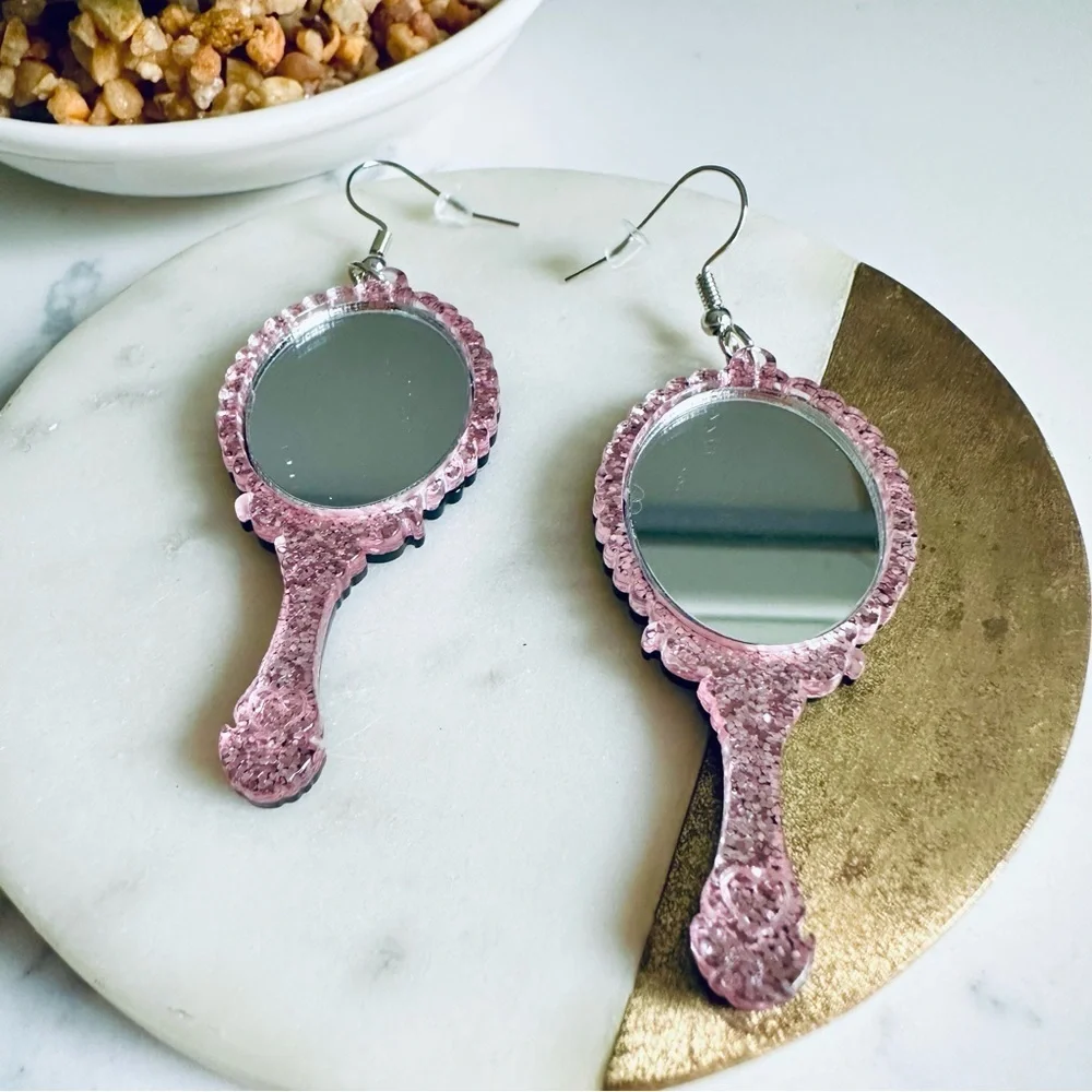 2/$30🌵 Vintage Style Pink Glitter Ornate Handheld Mirror Earrings Acrylic NEW